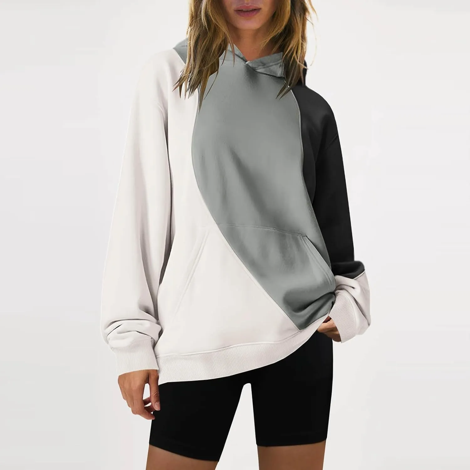 Hoodies for Women Long Sleeve Hoodies Pullover Color Block Loose Fit Hooded Sweatshirt with Pockets Casual Fall Clothes