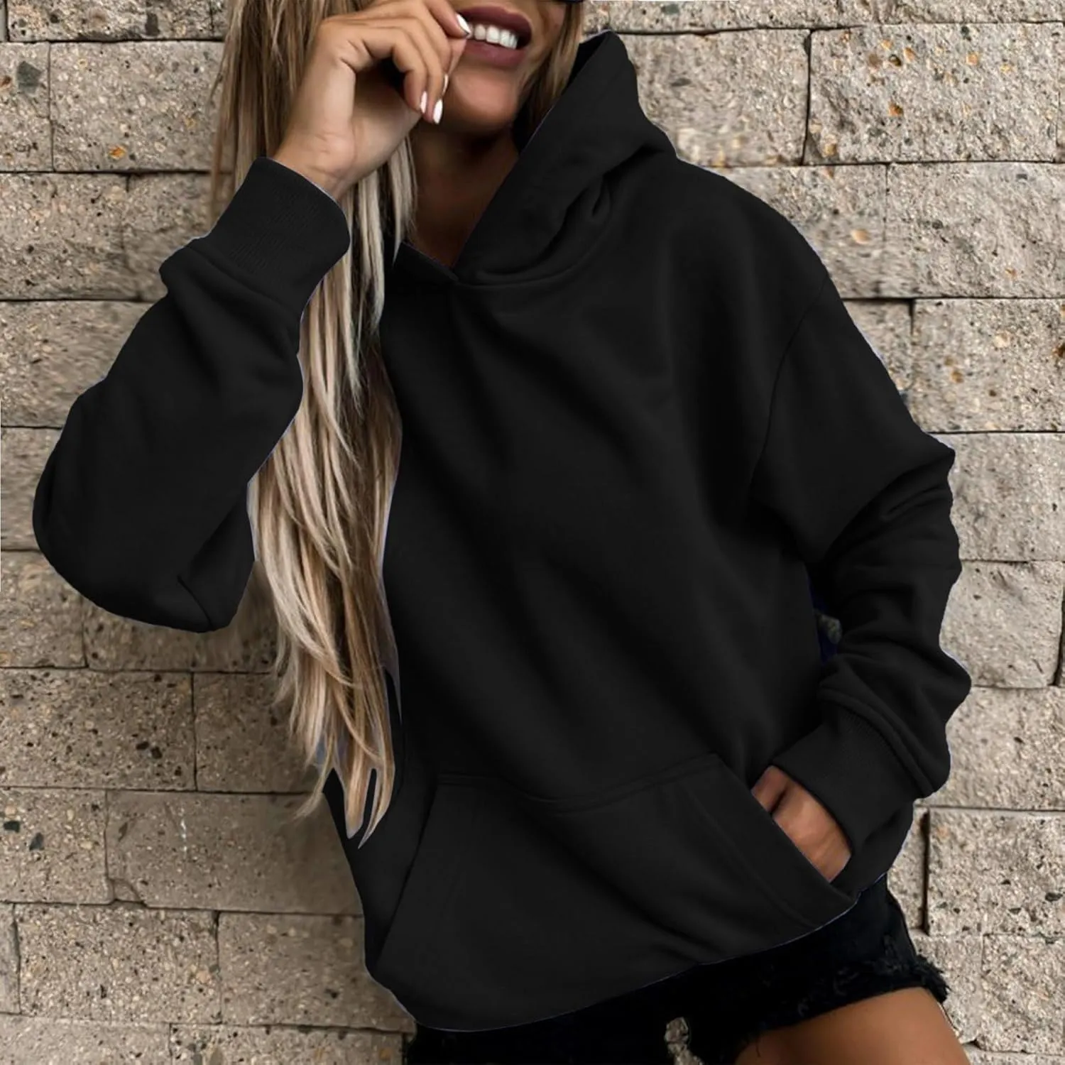 Hoodies For Women Plus Size Long Sleeve Drop Shoulder Casual Sweatshirt Solid Color Drawstring Fashion Sweatshirts