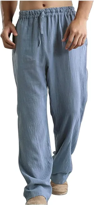 HUANLE Long Pants for Mens Linen Pants Casual Loose Lightweight Drawstring Elastic Waist Summer Yoga Beach Trousers