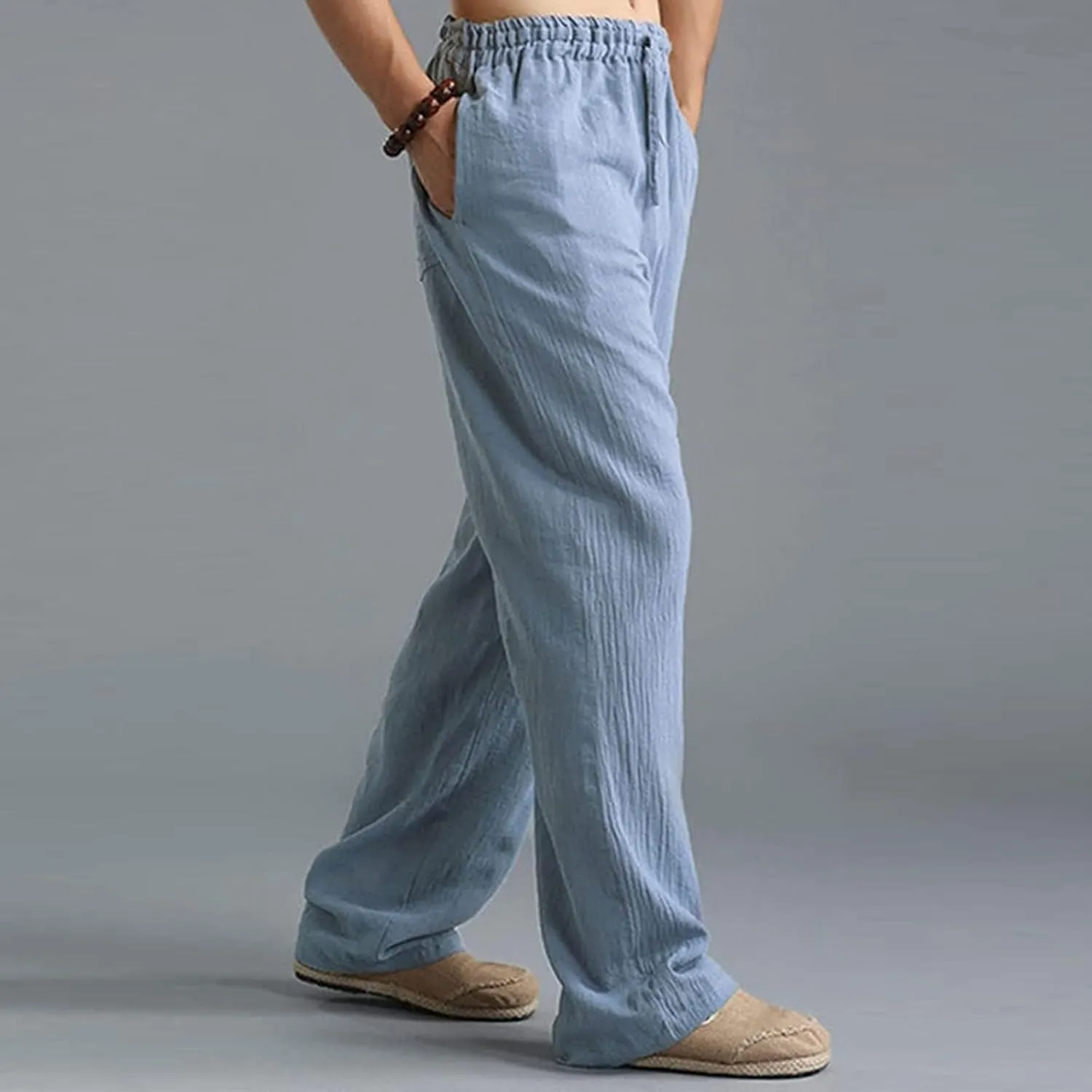 HUANLE Long Pants for Mens Linen Pants Casual Loose Lightweight Drawstring Elastic Waist Summer Yoga Beach Trousers