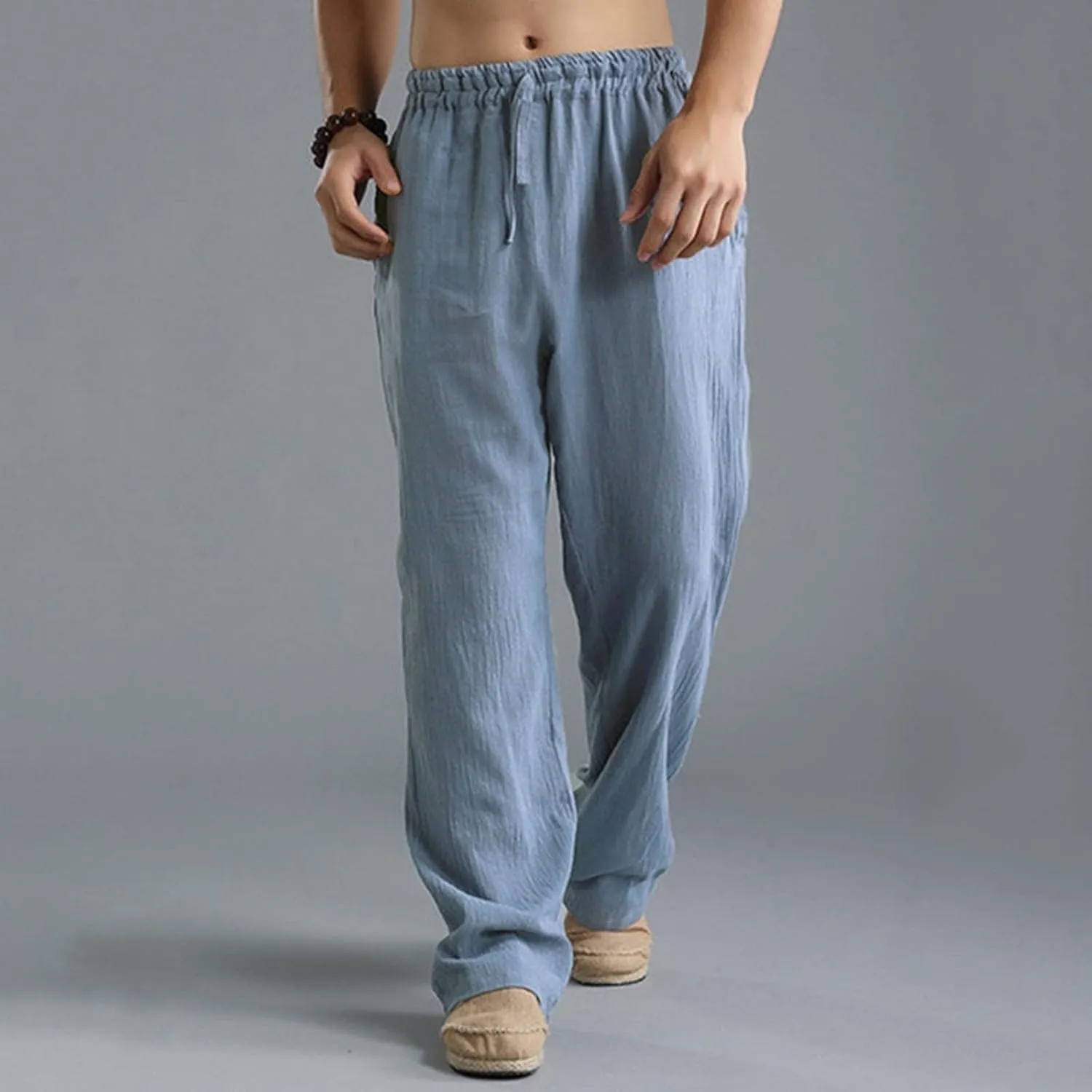 HUANLE Long Pants for Mens Linen Pants Casual Loose Lightweight Drawstring Elastic Waist Summer Yoga Beach Trousers