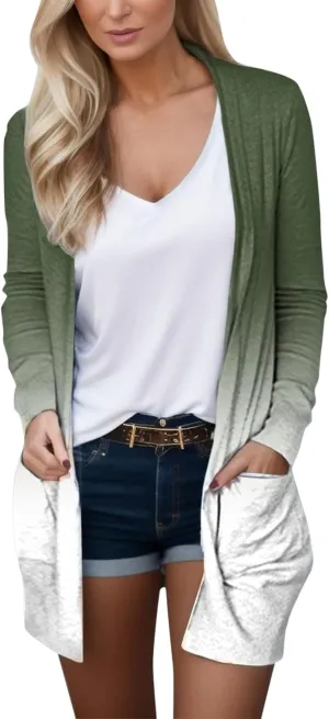 iLH Women Autumn Casual Cardigan Gradient Print Long Sleeve Top Cardigan with Pocket Open Neck Jacket Top for Women