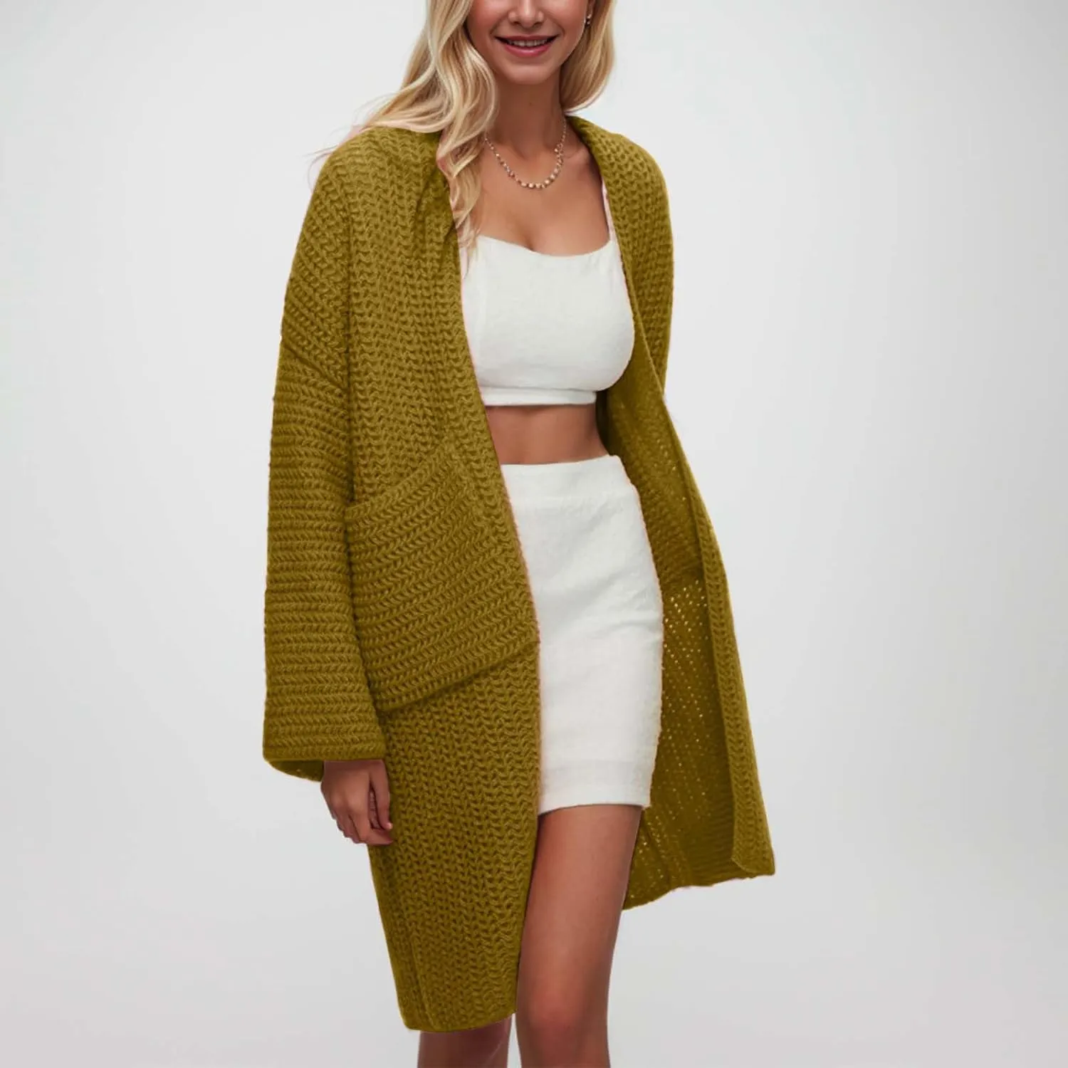 iLH Women's Casual Autumn Cardigan Sweater Solid Color Mid Length Coat Cardigan Women Long Sleeve Fleece Cardigan Top