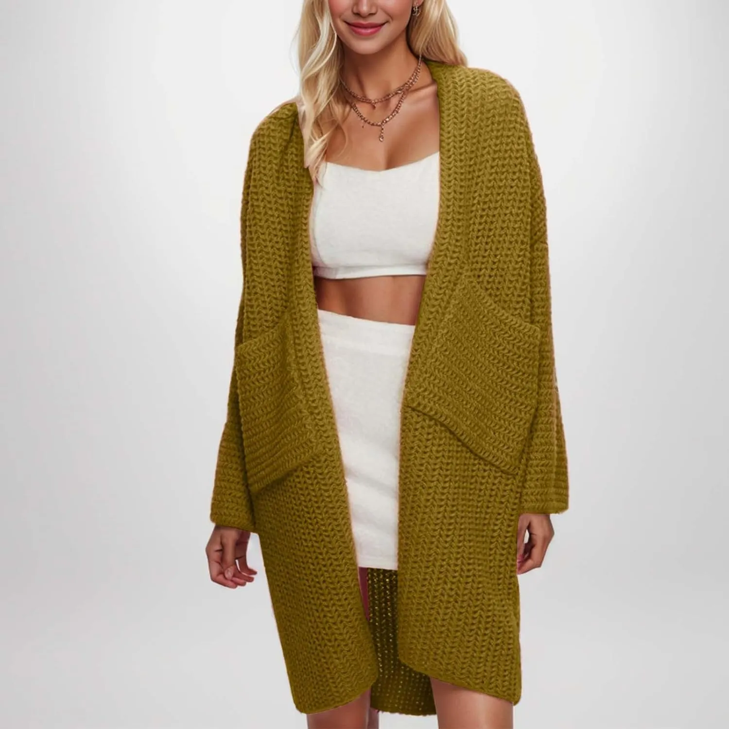 iLH Women's Casual Autumn Cardigan Sweater Solid Color Mid Length Coat Cardigan Women Long Sleeve Fleece Cardigan Top