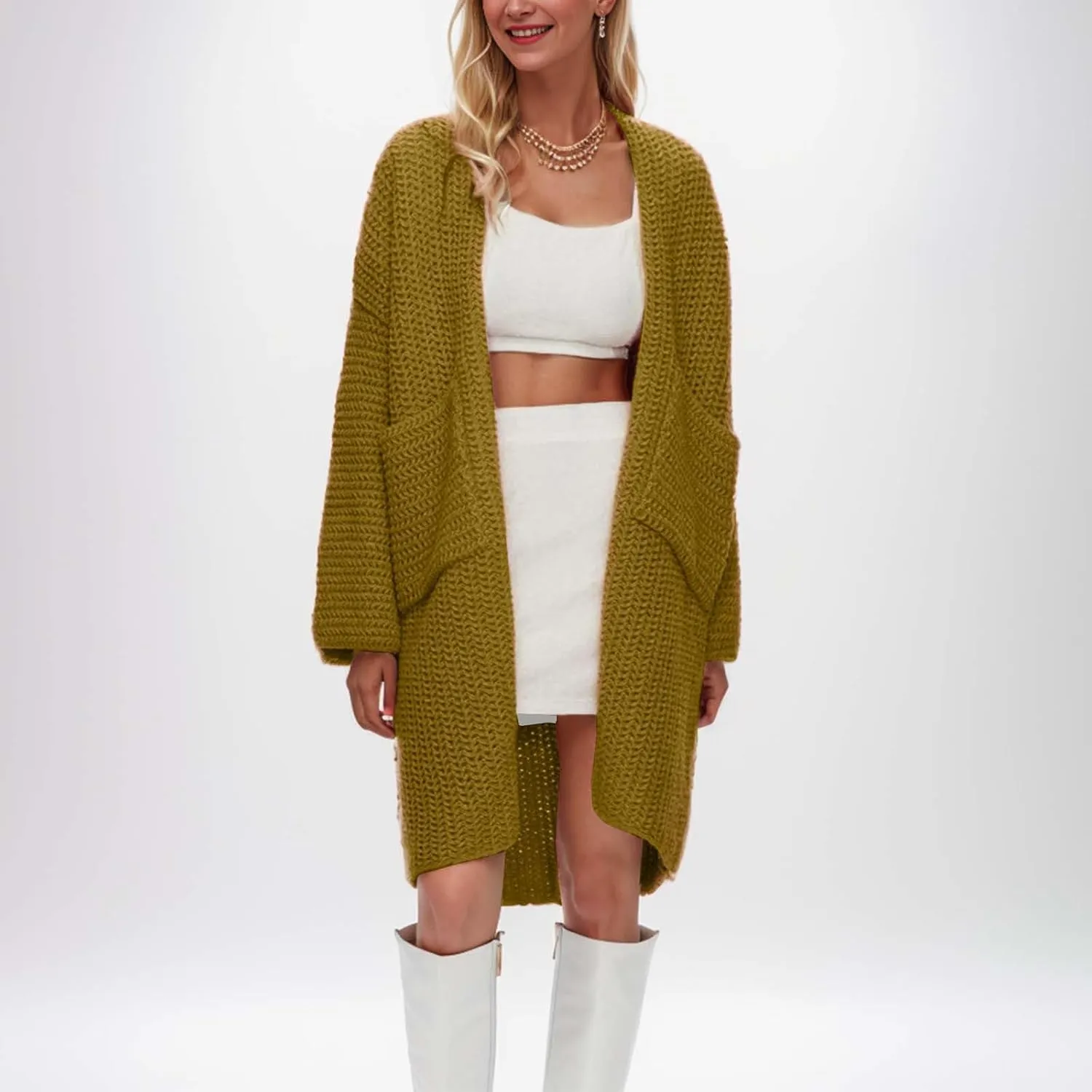 iLH Women's Casual Autumn Cardigan Sweater Solid Color Mid Length Coat Cardigan Women Long Sleeve Fleece Cardigan Top