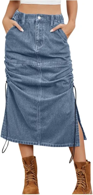 Jean Skirts for Women Solid Color Elastic Waist Drawstring Denim Slit Skirt with Pocket Summer Trendy Casual Sundress