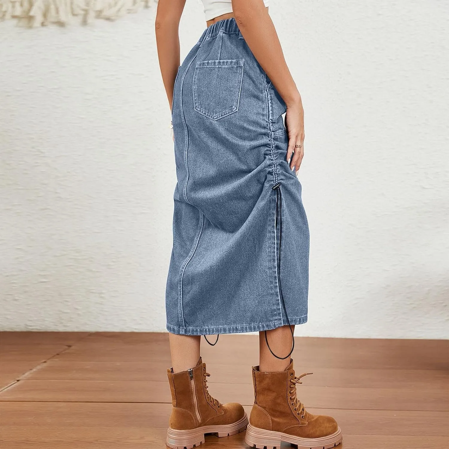 Jean Skirts for Women Solid Color Elastic Waist Drawstring Denim Slit Skirt with Pocket Summer Trendy Casual Sundress