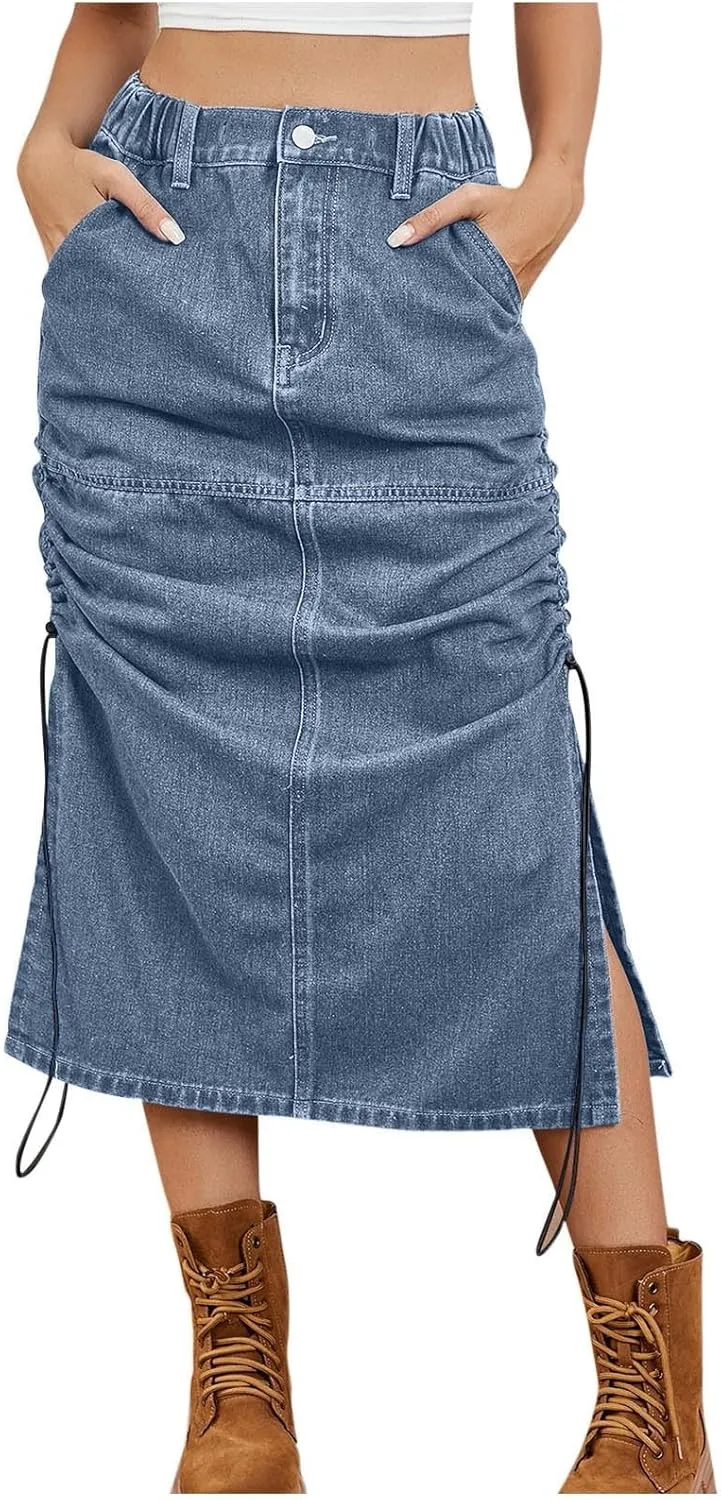 Jean Skirts for Women Solid Color Elastic Waist Drawstring Denim Slit Skirt with Pocket Summer Trendy Casual Sundress