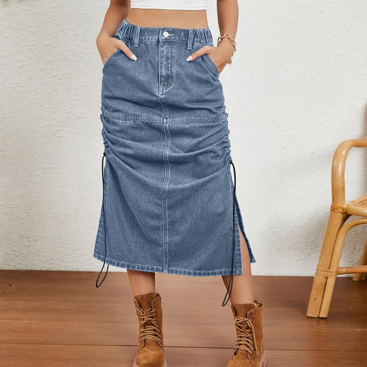 Jean Skirts for Women Solid Color Elastic Waist Drawstring Denim Slit Skirt with Pocket Summer Trendy Casual Sundress
