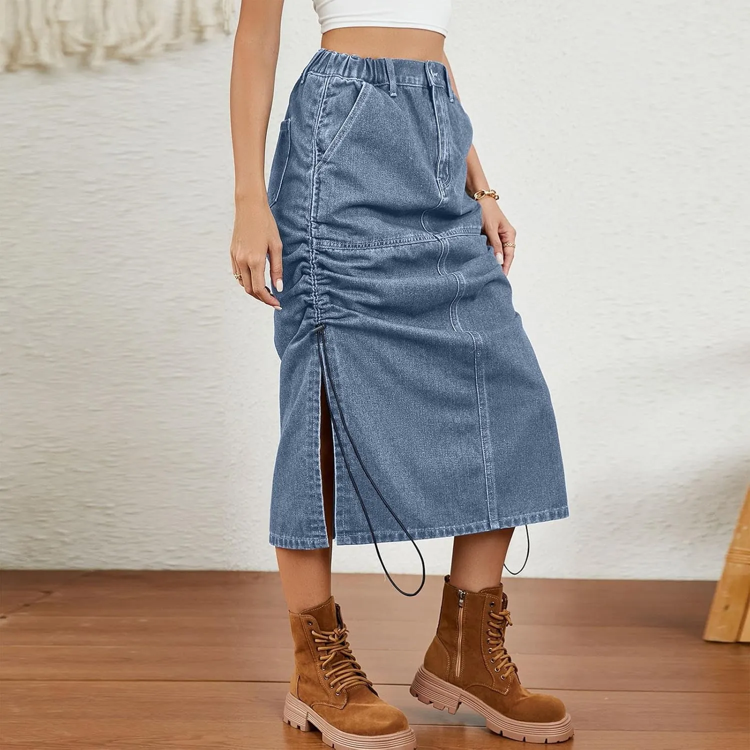 Jean Skirts for Women Solid Color Elastic Waist Drawstring Denim Slit Skirt with Pocket Summer Trendy Casual Sundress