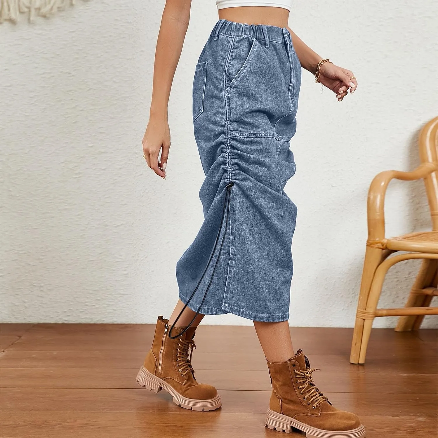 Jean Skirts for Women Solid Color Elastic Waist Drawstring Denim Slit Skirt with Pocket Summer Trendy Casual Sundress