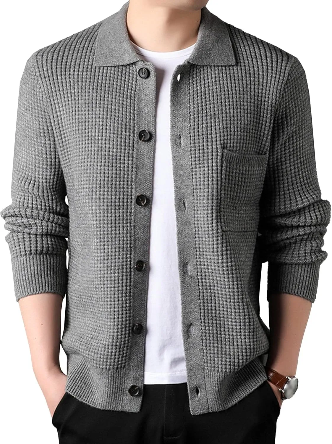 JEKE-DG Men's Lapel Button Down Cardigan Sweater Fashion Loose Sleeve Regular Sweater Casual Open Front Sweaters