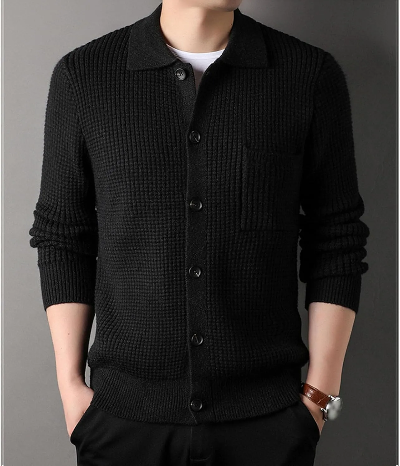 JEKE-DG Men's Lapel Button Down Cardigan Sweater Fashion Loose Sleeve Regular Sweater Casual Open Front Sweaters