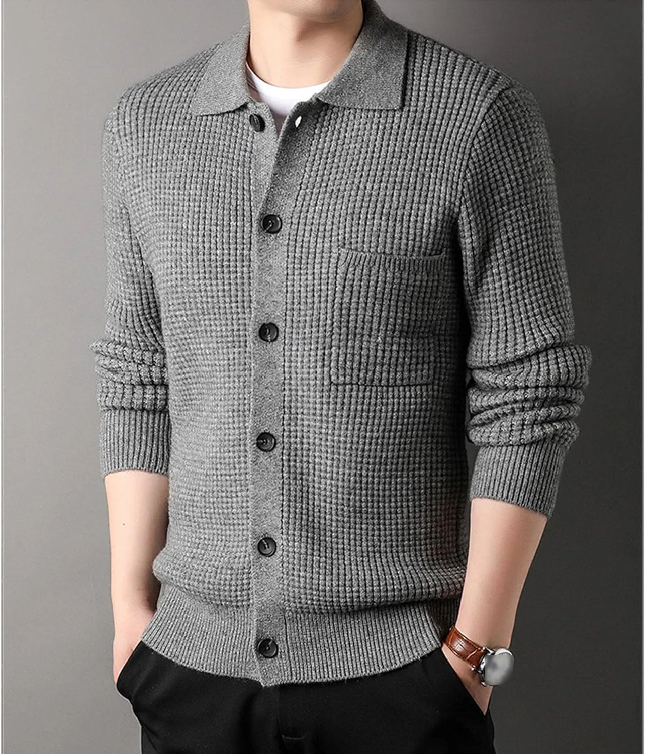 JEKE-DG Men's Lapel Button Down Cardigan Sweater Fashion Loose Sleeve Regular Sweater Casual Open Front Sweaters