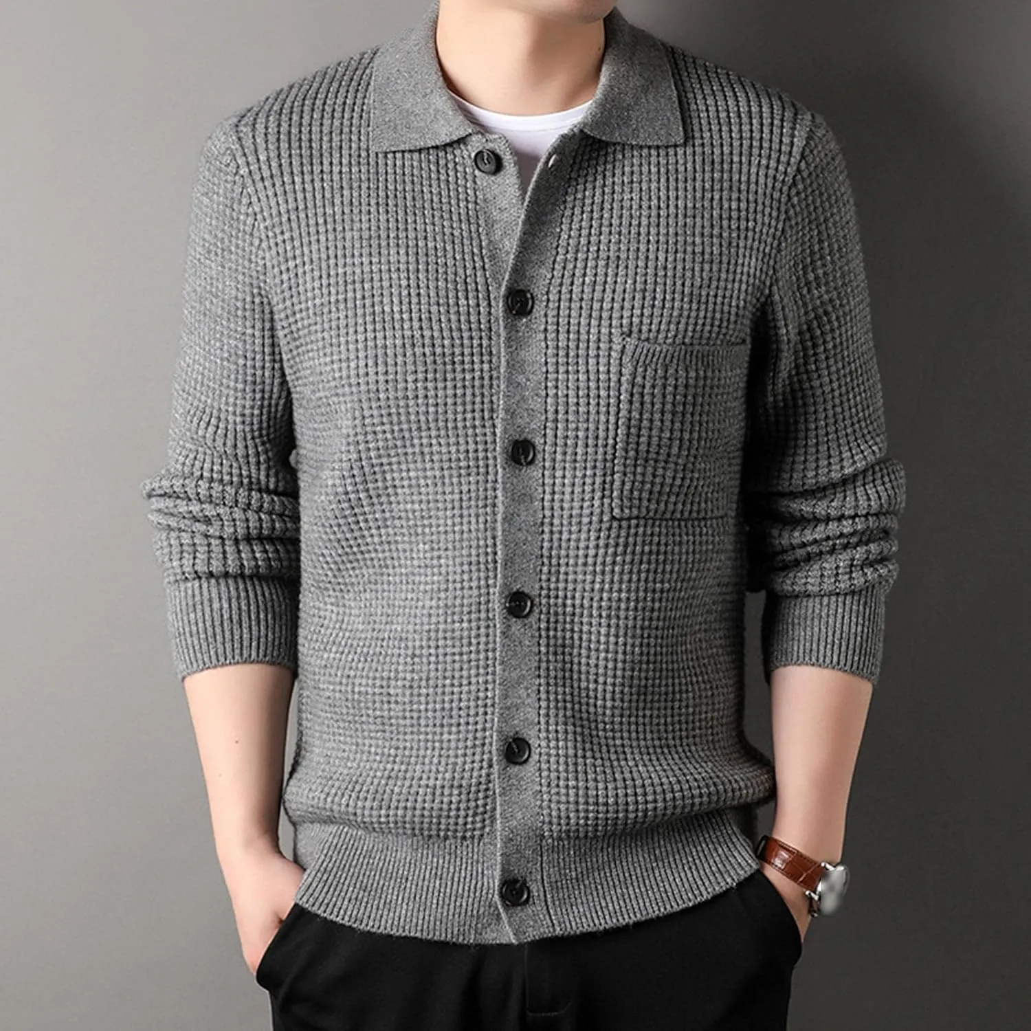 JEKE-DG Men's Lapel Button Down Cardigan Sweater Fashion Loose Sleeve Regular Sweater Casual Open Front Sweaters
