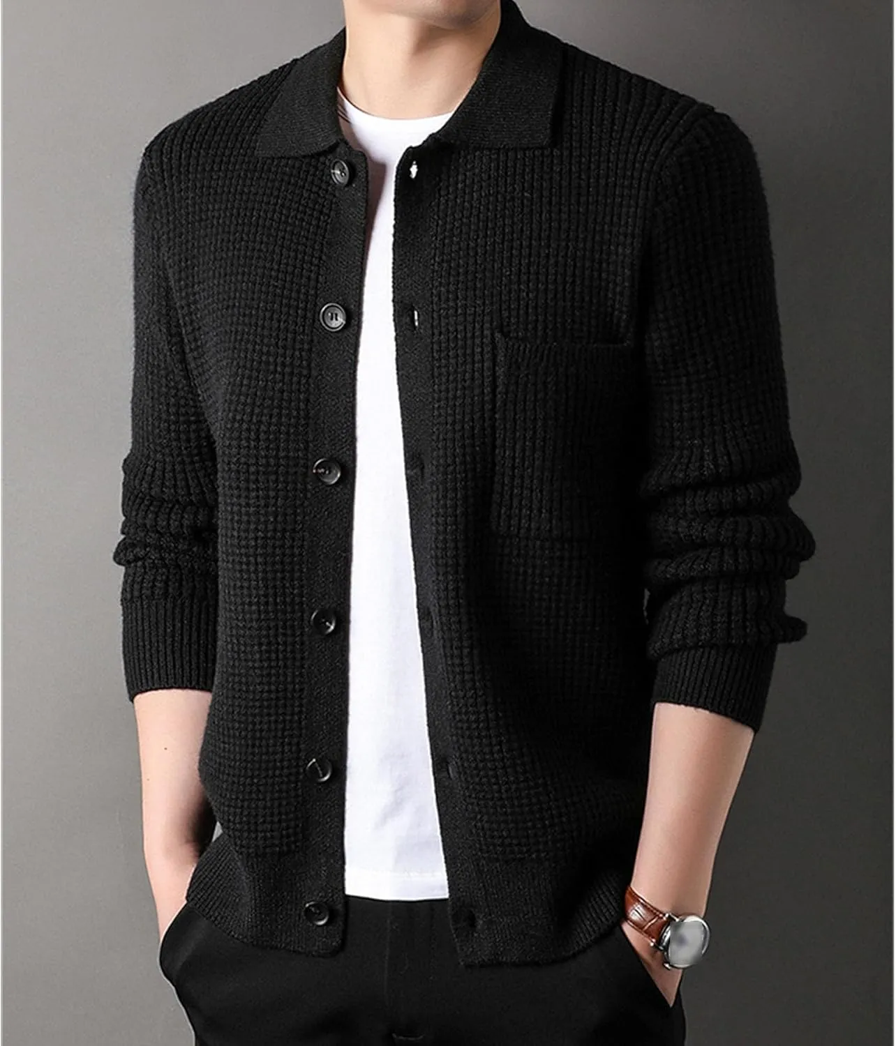 JEKE-DG Men's Lapel Button Down Cardigan Sweater Fashion Loose Sleeve Regular Sweater Casual Open Front Sweaters
