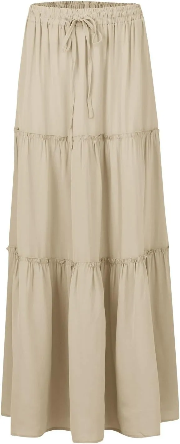JJHAEVDY Women's Summer Boho Maxi Skirt A-Line Flowy Ruffle Tiered Elastic High Waist Beach Pleated Long Skirts with Pockets