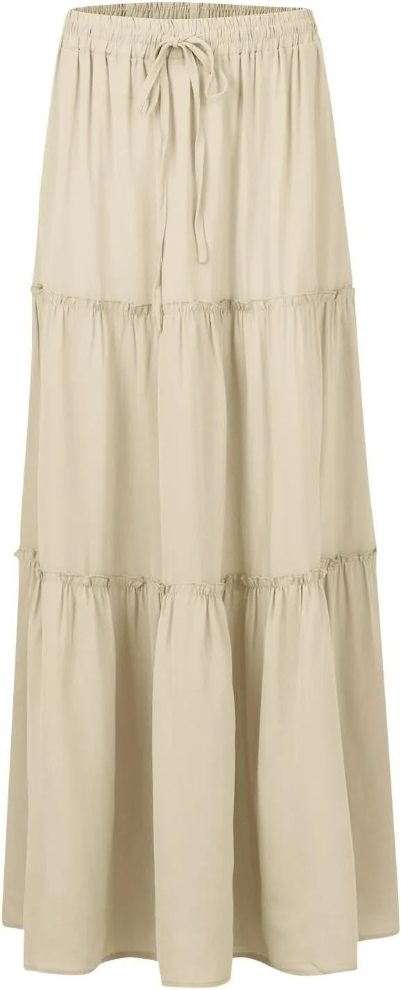 JJHAEVDY Women's Summer Boho Maxi Skirt A-Line Flowy Ruffle Tiered Elastic High Waist Beach Pleated Long Skirts with Pockets
