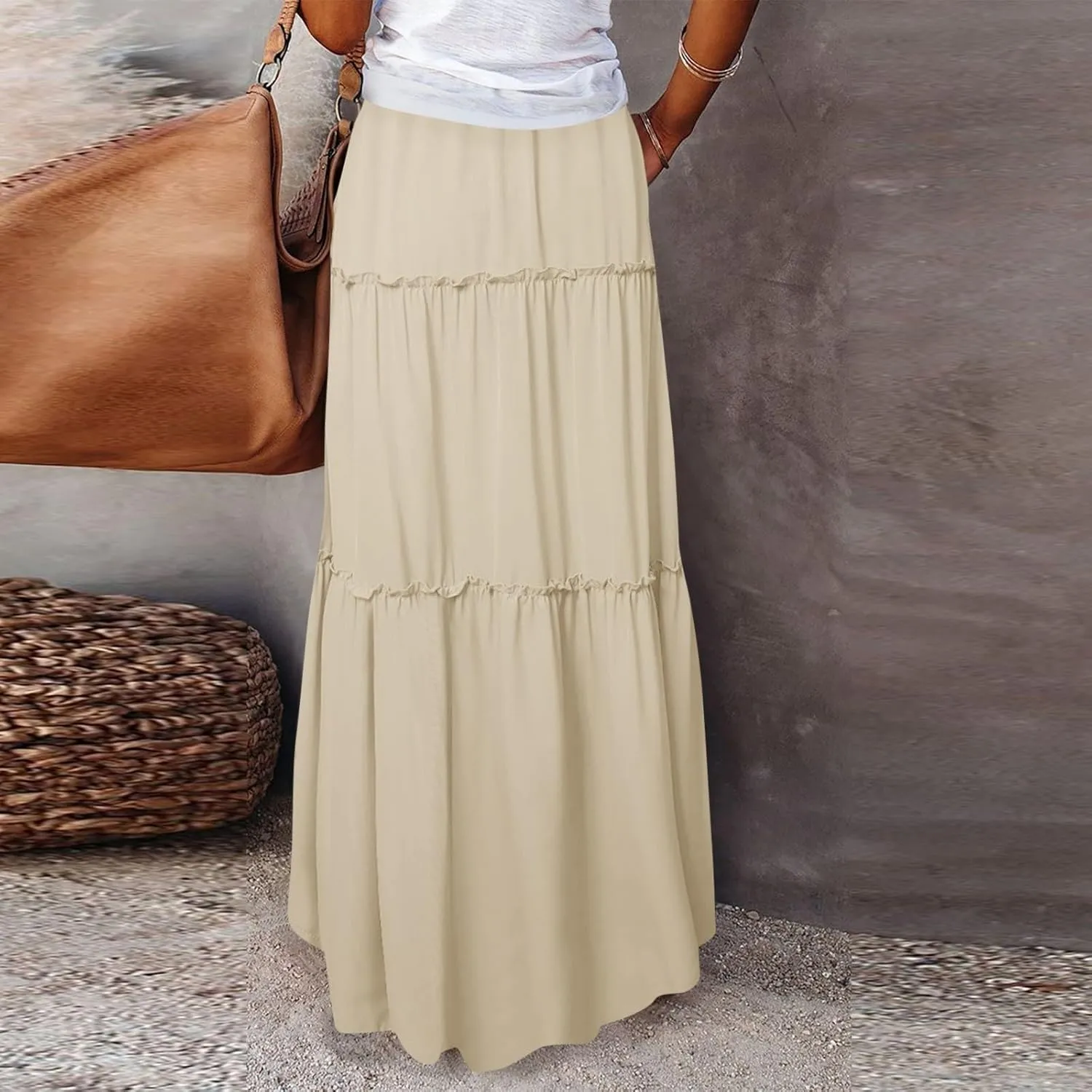 JJHAEVDY Women's Summer Boho Maxi Skirt A-Line Flowy Ruffle Tiered Elastic High Waist Beach Pleated Long Skirts with Pockets