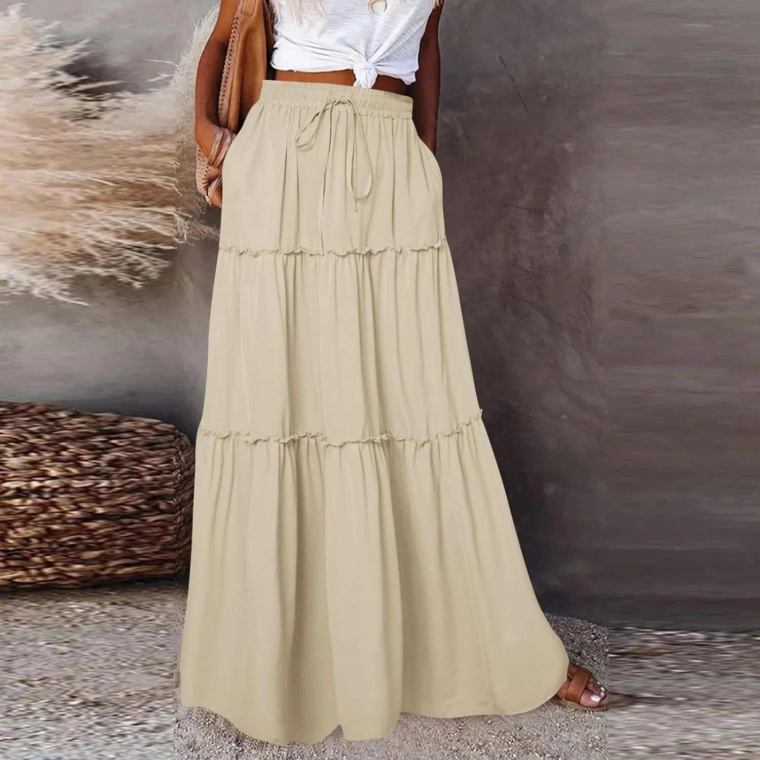 JJHAEVDY Women's Summer Boho Maxi Skirt A-Line Flowy Ruffle Tiered Elastic High Waist Beach Pleated Long Skirts with Pockets