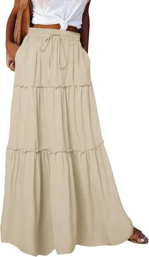 JJHAEVDY Women's Summer Boho Maxi Skirt A-Line Flowy Ruffle Tiered Elastic High Waist Beach Pleated Long Skirts with Pockets