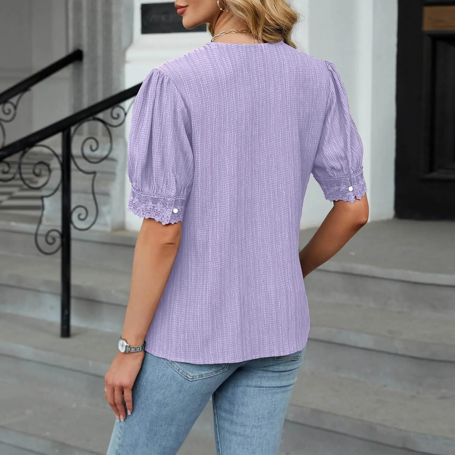JOAU Women Dressy Casual Puff Sleeve Business Work Blouse Ladies Floral Lace V Neck Button Tunic Top Trendy Textured Shirts