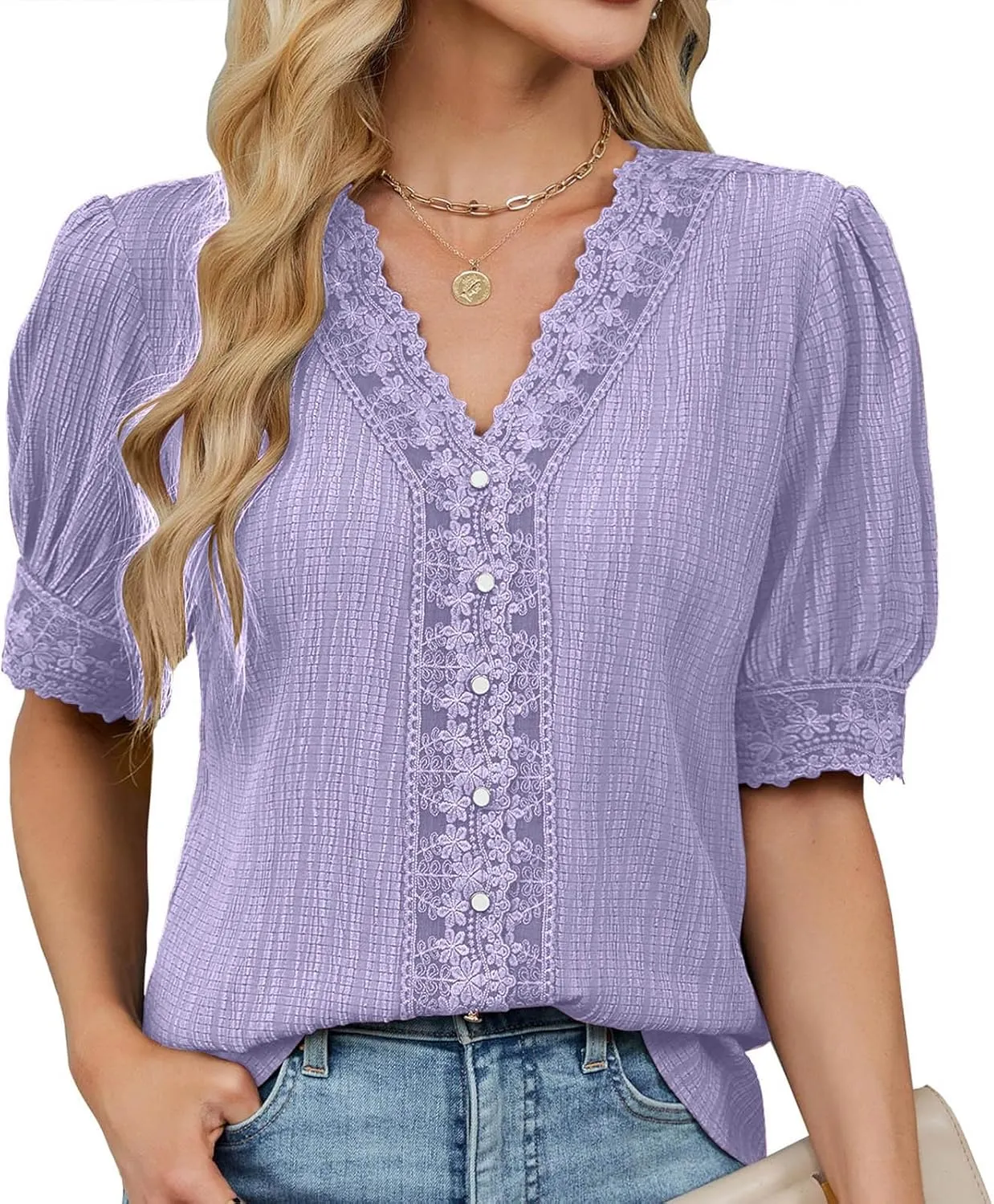 JOAU Women Dressy Casual Puff Sleeve Business Work Blouse Ladies Floral Lace V Neck Button Tunic Top Trendy Textured Shirts