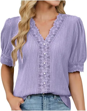 JOAU Women Dressy Casual Puff Sleeve Business Work Blouse Ladies Floral Lace V Neck Button Tunic Top Trendy Textured Shirts