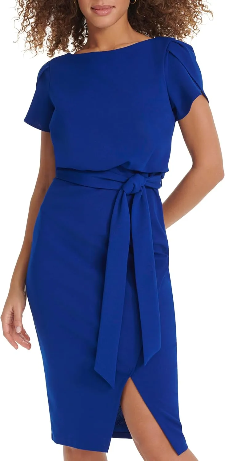kensie Women's Short Sleeve Tie Waist Midi Dress