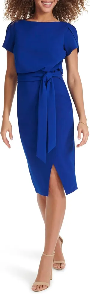kensie Women's Short Sleeve Tie Waist Midi Dress