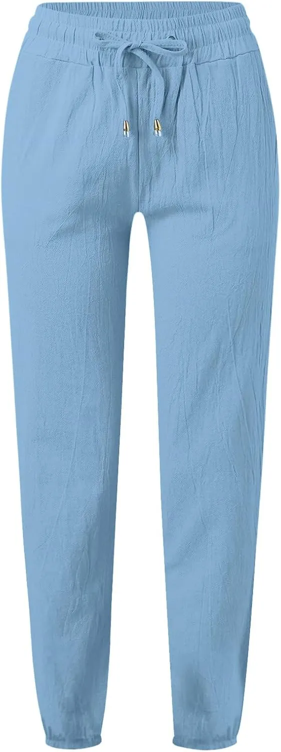 Kubbon Womens Cotton Linen Pants Casual Straight Leg Drawstring Elastic High Waist Trousers Comfy Harem Pants with Pockets