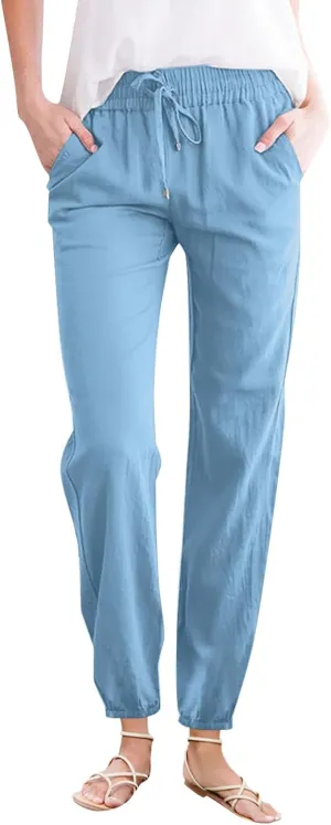 Kubbon Womens Cotton Linen Pants Casual Straight Leg Drawstring Elastic High Waist Trousers Comfy Harem Pants with Pockets