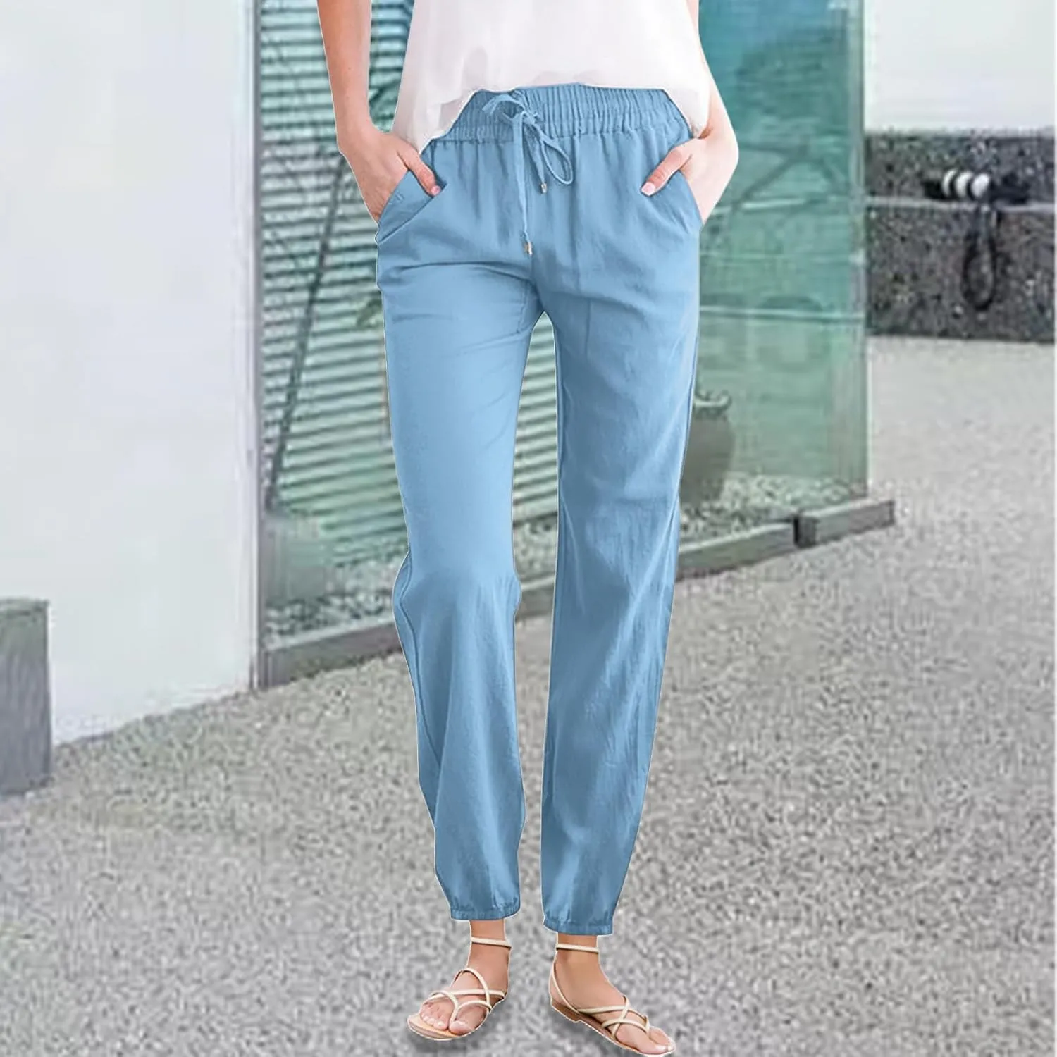 Kubbon Womens Cotton Linen Pants Casual Straight Leg Drawstring Elastic High Waist Trousers Comfy Harem Pants with Pockets