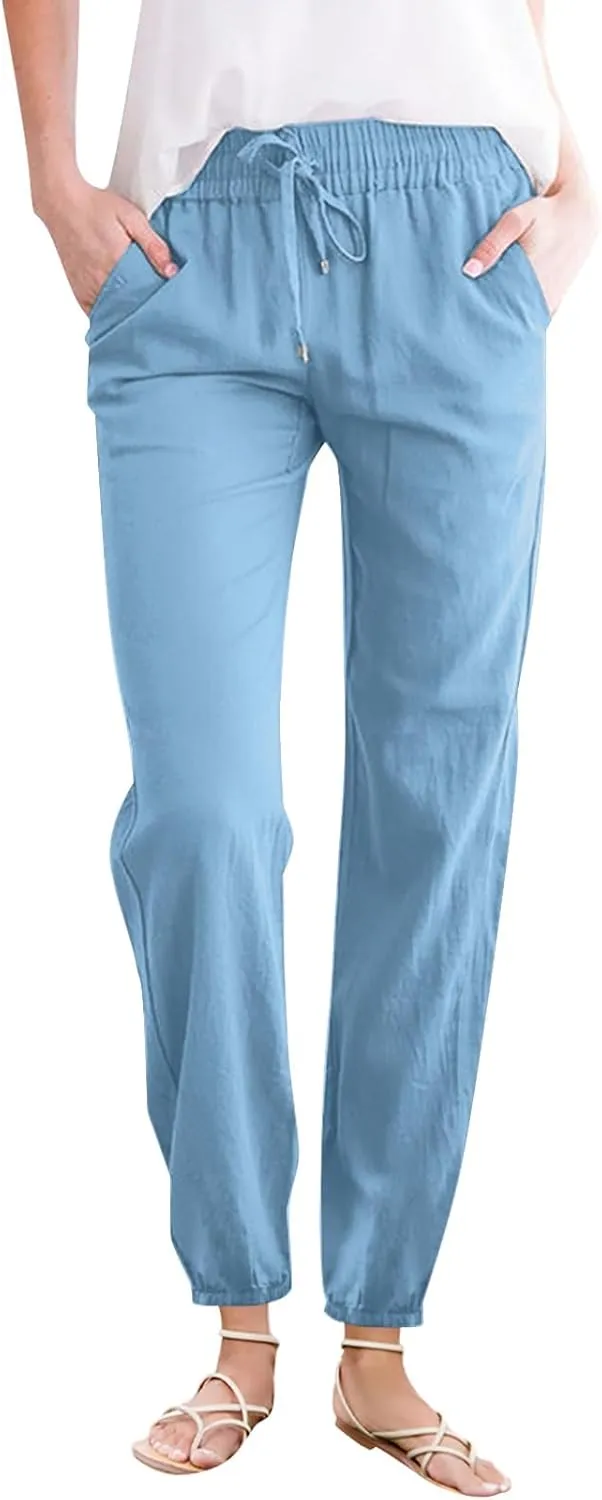 Kubbon Womens Cotton Linen Pants Casual Straight Leg Drawstring Elastic High Waist Trousers Comfy Harem Pants with Pockets