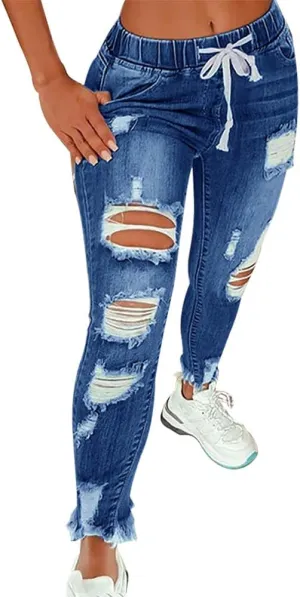KUNMI Women High Waist Skinny Stretch Ripped Jeans Destroyed Denim Pants Plus Size