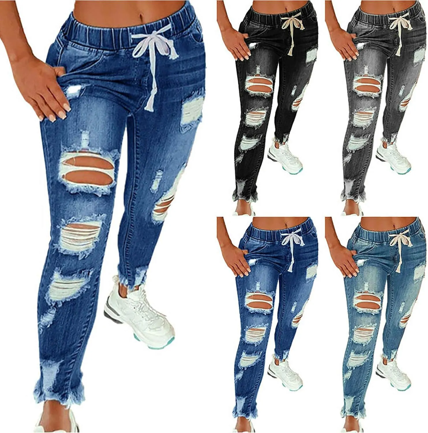 KUNMI Women High Waist Skinny Stretch Ripped Jeans Destroyed Denim Pants Plus Size