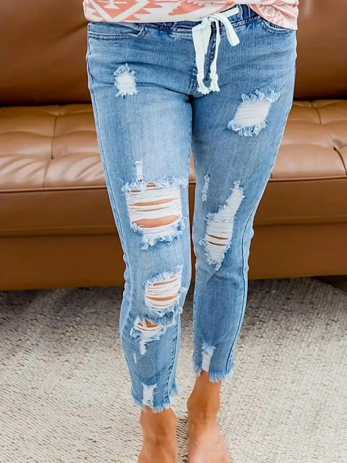KUNMI Women High Waist Skinny Stretch Ripped Jeans Destroyed Denim Pants Plus Size