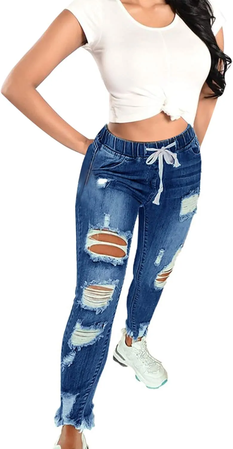 KUNMI Women High Waist Skinny Stretch Ripped Jeans Destroyed Denim Pants Plus Size