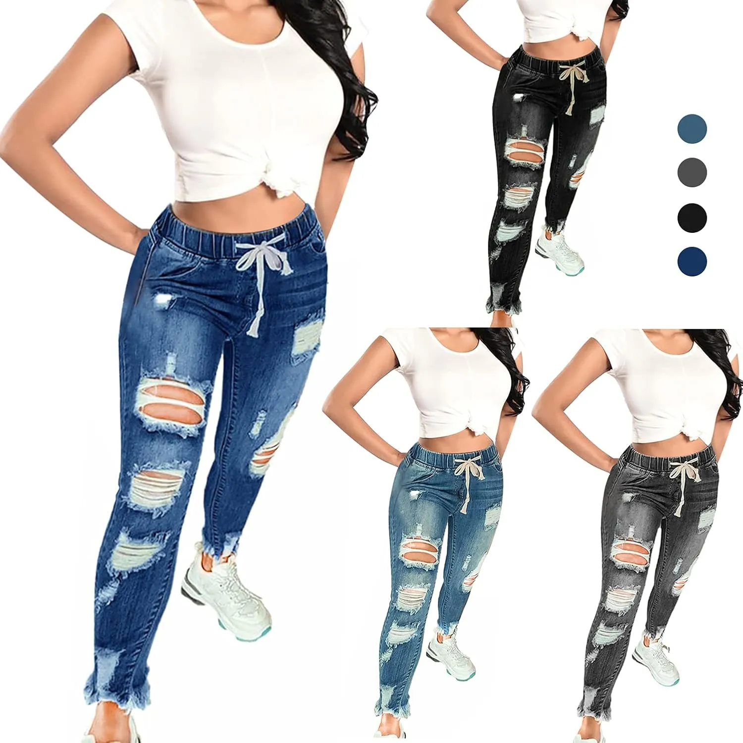 KUNMI Women High Waist Skinny Stretch Ripped Jeans Destroyed Denim Pants Plus Size