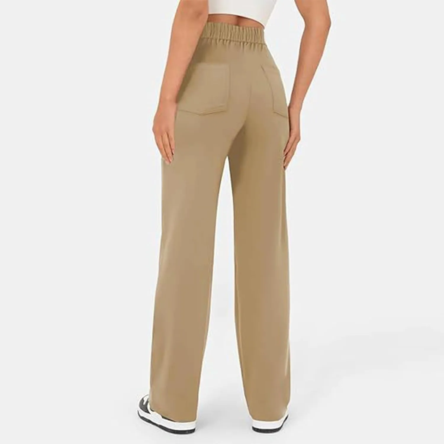 Ladies Straight Leg Athletic Sweatpants Casual Solid Color Sports High Waist Trousers Loose Elastic Pants with Pockets