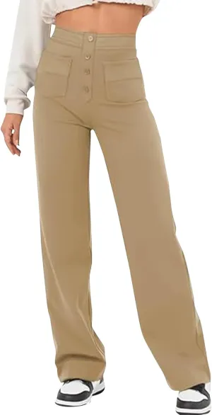 Ladies Straight Leg Athletic Sweatpants Casual Solid Color Sports High Waist Trousers Loose Elastic Pants with Pockets