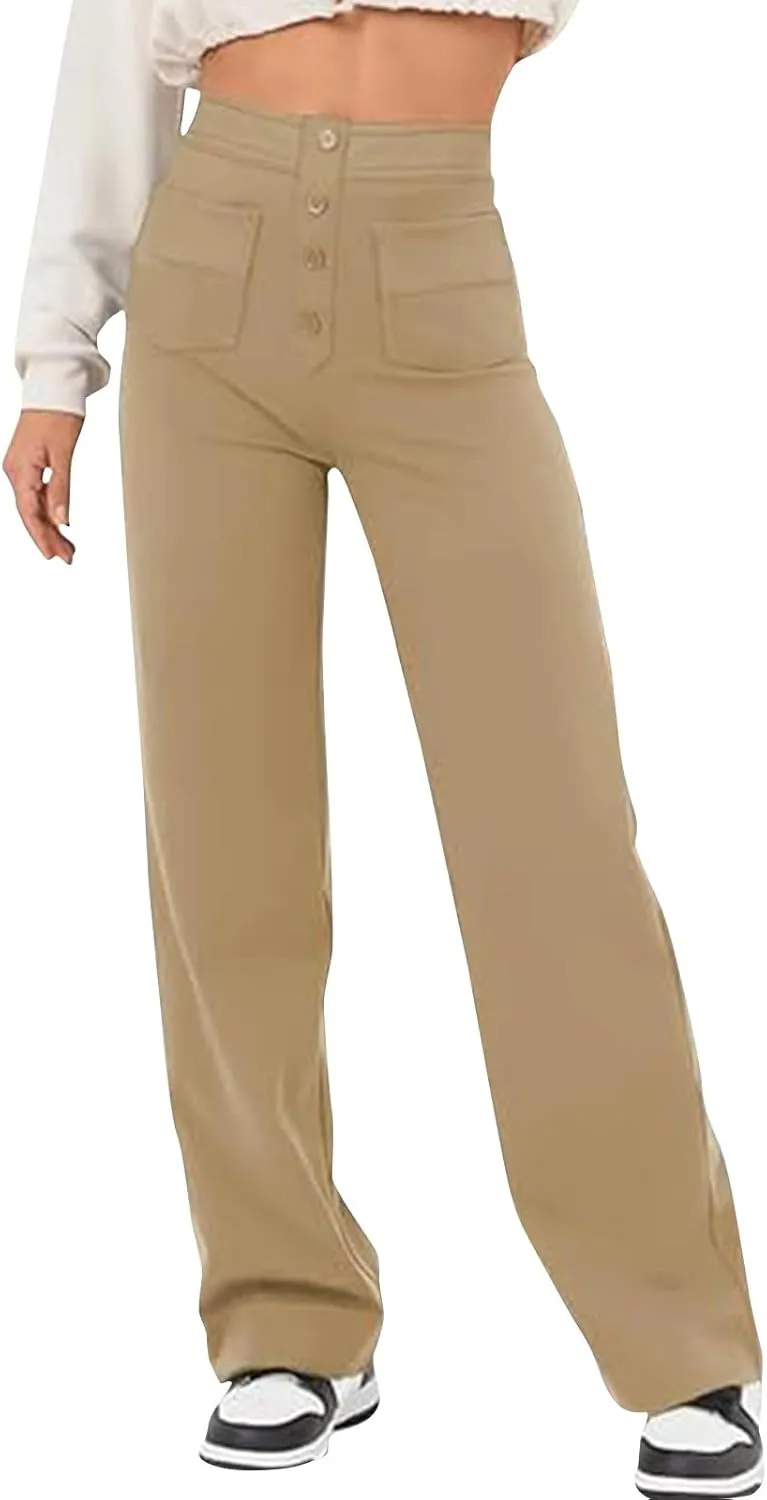 Ladies Straight Leg Athletic Sweatpants Casual Solid Color Sports High Waist Trousers Loose Elastic Pants with Pockets