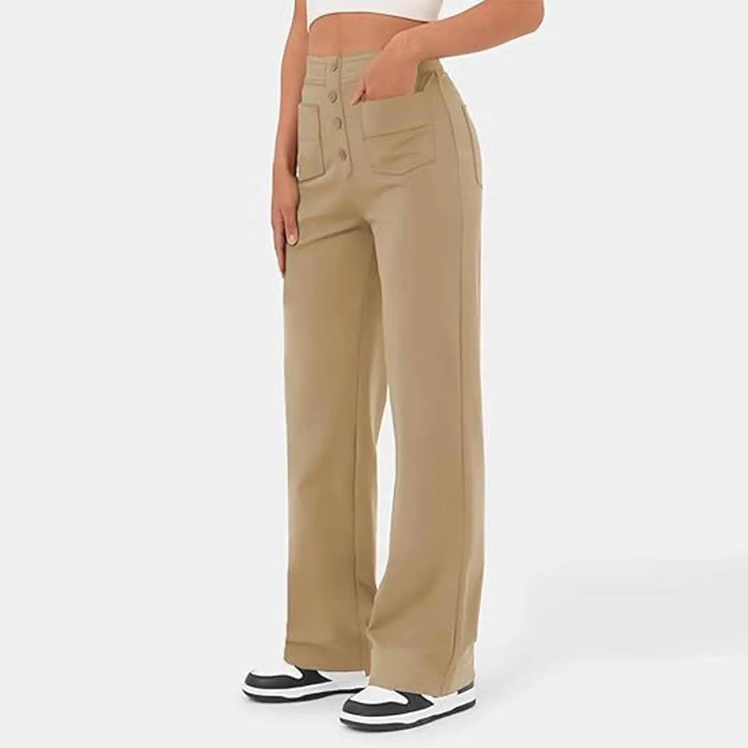 Ladies Straight Leg Athletic Sweatpants Casual Solid Color Sports High Waist Trousers Loose Elastic Pants with Pockets