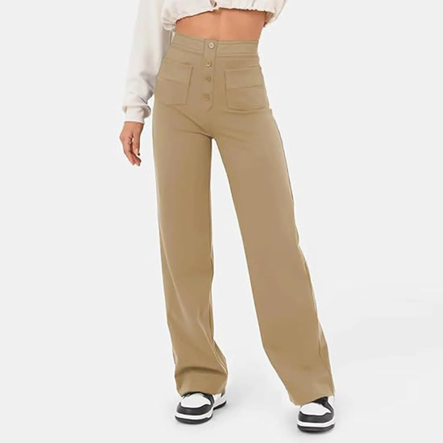 Ladies Straight Leg Athletic Sweatpants Casual Solid Color Sports High Waist Trousers Loose Elastic Pants with Pockets