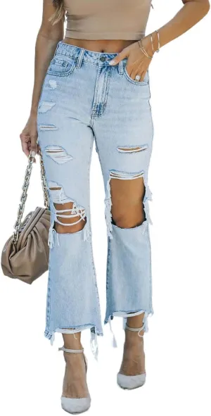 LAFOURAM Womens Ripped Jeans High Waisted Cropped Distressed Trendy Raw Stretch Demin Pants