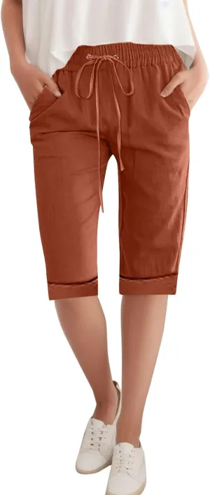 Linen Bermuda Shorts Women Knee Length Straight Leg Elastic Waist Harem Pants 2025 Beach Trousers Vacation Outfits