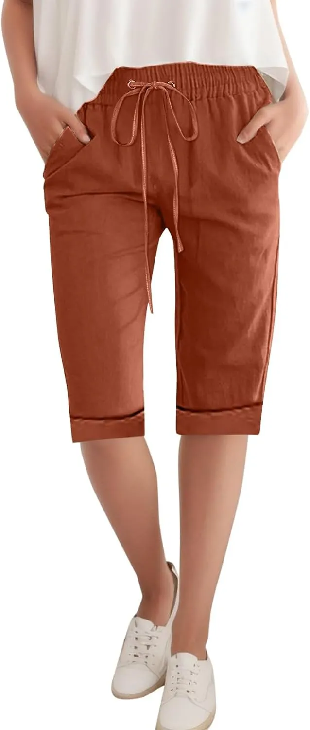 Linen Bermuda Shorts Women Knee Length Straight Leg Elastic Waist Harem Pants 2025 Beach Trousers Vacation Outfits
