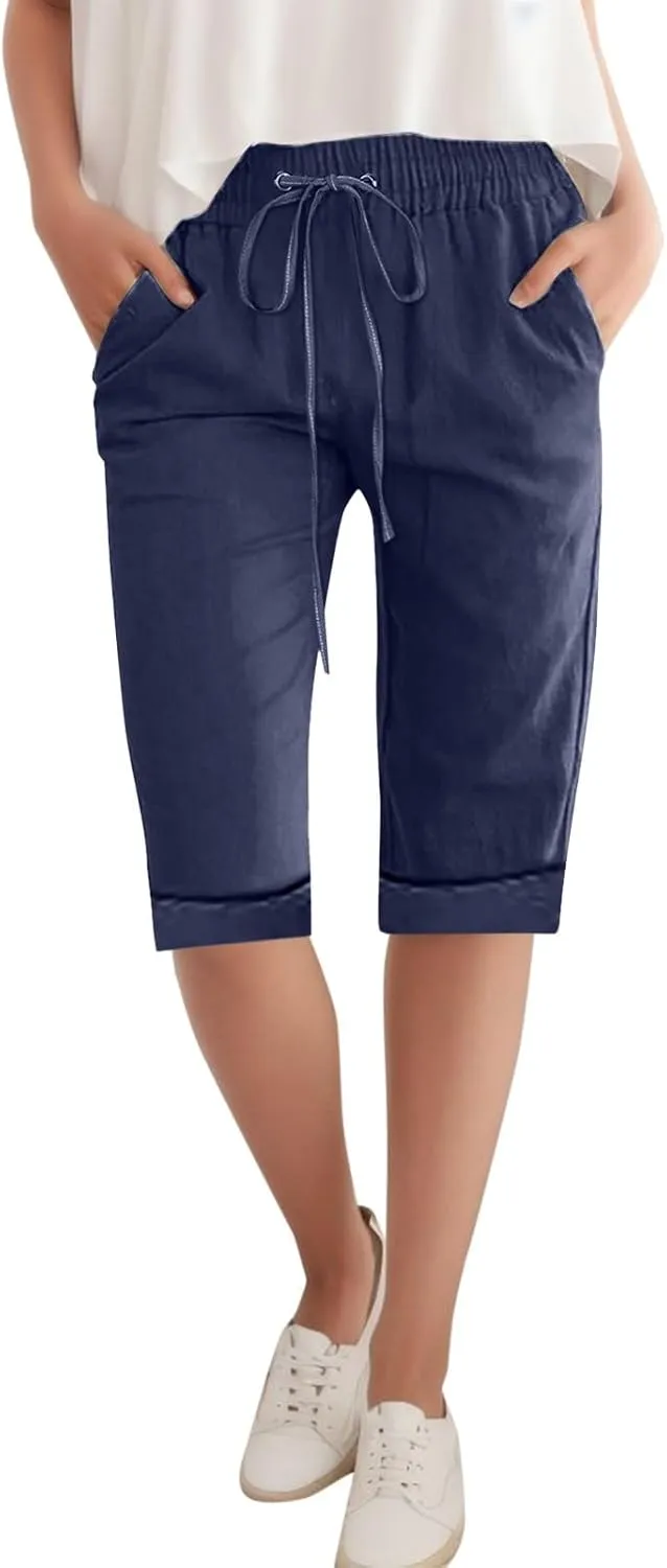 Linen Bermuda Shorts Women Knee Length Straight Leg Elastic Waist Harem Pants 2025 Beach Trousers Vacation Outfits