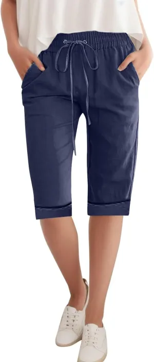 Linen Bermuda Shorts Women Knee Length Straight Leg Elastic Waist Harem Pants 2025 Beach Trousers Vacation Outfits
