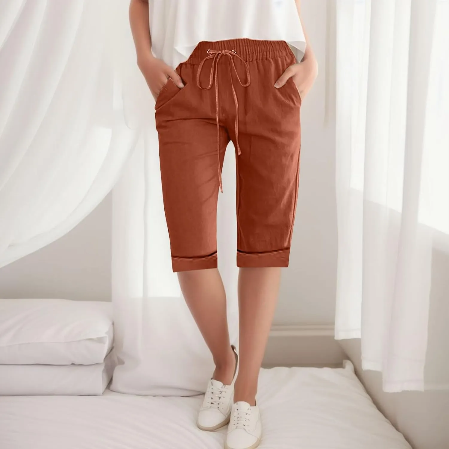 Linen Bermuda Shorts Women Knee Length Straight Leg Elastic Waist Harem Pants 2025 Beach Trousers Vacation Outfits